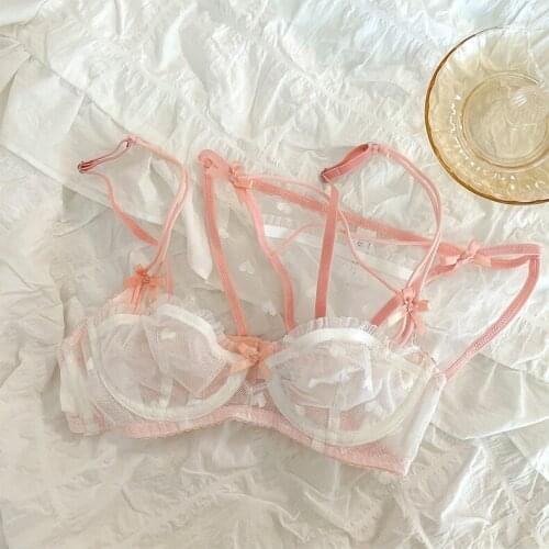 Honviey Japanese girl pink lingerie lace underwear set cute hollow perspective ultra-thin no Insert yarn niche bralette