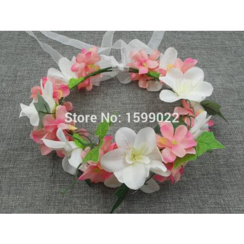 Artificial Fabric Flower Crown Hawaiian Head Wreath Pink Ivory Wedding Sweet Potato Leaf Hydrangea Hair Accessories for Women