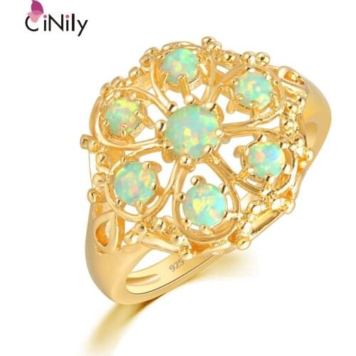 CiNily Green Fire Opal Rings With Stone Yellow Gold Color Flower Flora Lace Round Ring Bohemia BOHO Luxury Large Jewelry Female