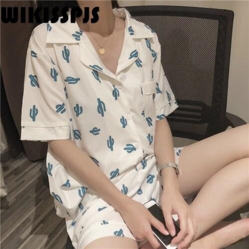 Summer Sweet Cactus Pajama Girl Cartoon Short Sleeve Students Thin Household Clothes Pajamas for Teen Girls Two Piece Set