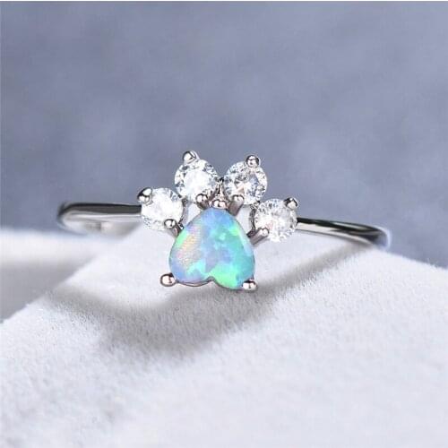 Cute Cat Paw Dog Claw Ring Female Blue White Fire Opal Ring Crystal Zircon Silver Color Heart Stone Engagement Rings For Women