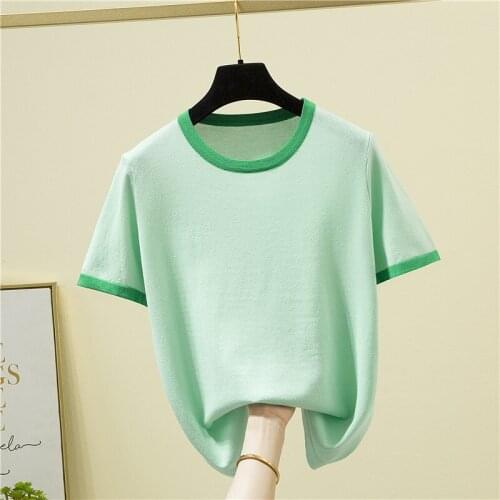 Fashion The New Ice silk Small fresh O-neck short-sleeved sweater bottoming shirt womens loose thin pullover 2021summer Style