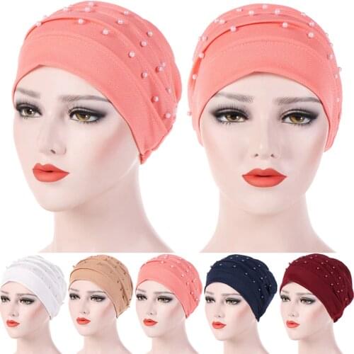Muslim women turban scarf pearl turban hat cancer chemo beanies cap islamic wrap headscarf musulman femme hijab Hair Accessories
