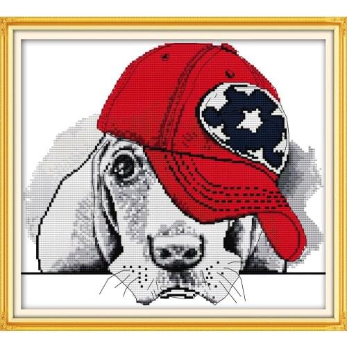 A dog with a red cap cross stitch kit aida 14ct 11ct count print canvas stitches embroidery DIY handmade
