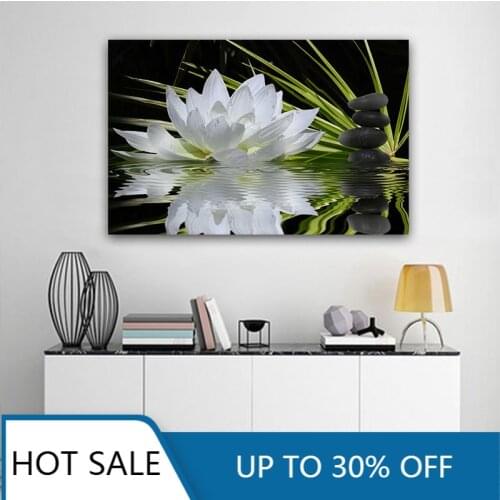 Wall Art Canvas Painting Posters Prints Lotus Flower Zen Modern Black Stone Wall Decor For Aesthetic Home Decoration