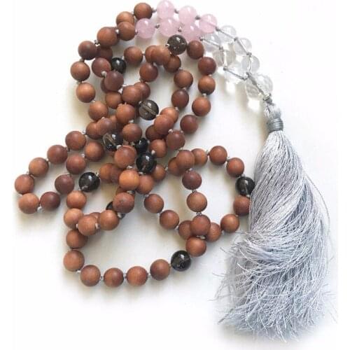 NEW Style108 MALA Necklace Hand Knotted Sandalwood Mala RoseQuartz Mala Tassel Necklace Meditation Prayer Jewelry Yoga Jewelry