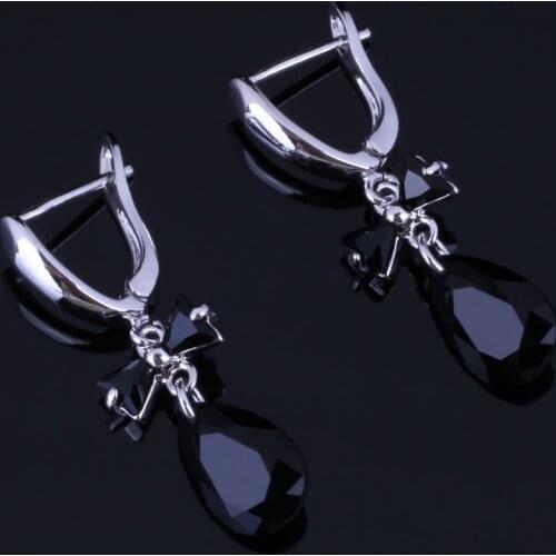 Captivating Water Drop Black Cubic Zirconia Silver Plated Drop Dangle Earrings V0775