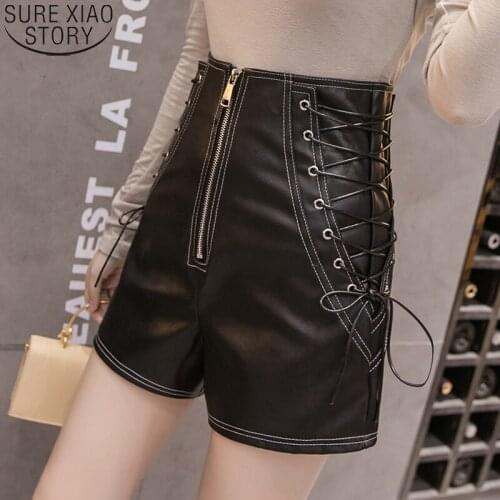 Simple Fashion Wide Leg Shorts PU Leather Black High Waist 2021 Autumn New Strap Shorts Women Short Trousers Female 12546