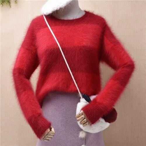 Casual fashion ladies women clothing hairy fluffy mink cashmere knitted striped loose pullover angora rabbit fur jumper sweater