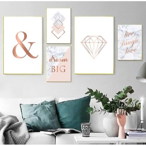 Pink Marble Posters and Prints Gray Rose Gold Canva Art Painting Ampersand Diamond Wall Art Wall Pictures for Living Room