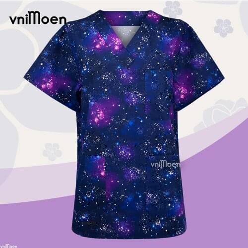 Gypsophila Print Tops,summer Nursing Scrubs Tops,T Shirt Casual Short Sleeve Scrubs Uniforms Nurse V-neck Multi-pocket Clothes