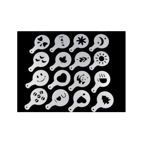 16pcs/set Coffee Latte Cappuccino Coffee Art Stencils Template Strew Flowers Pad Duster Spray for Coffee Decor Tools Accessories