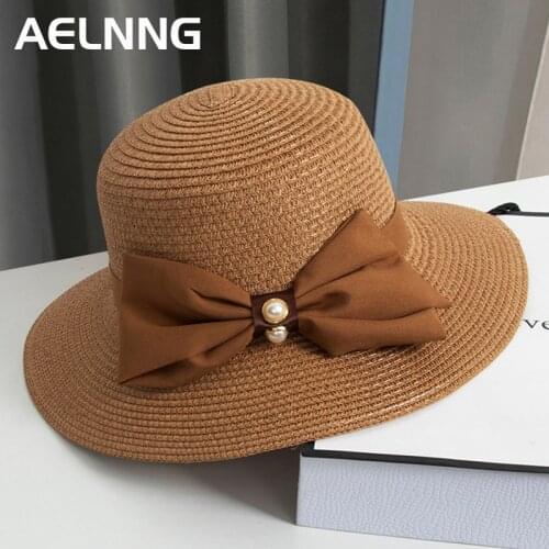AELNNG Brand Panama Hat For Women Summer Seaside Beach Sunhat Casual Fashion Bow Pearl Outdoor Sun Protection Straw Hats FT006