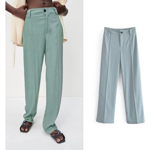 Za 2021 Office Lady High Waist Zipper Pants Wide Leg Casual Trousers Elegant Stylish Streetwear Jeans