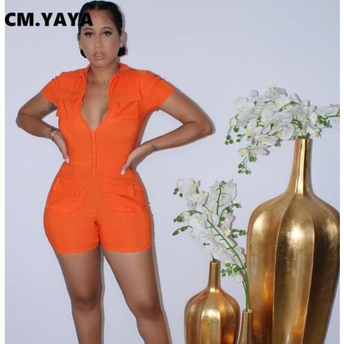 CM.YAYA Women Playsuit Solid Short Sleeve Zip Pocket Stretchy Bodycon Playsuits Casual Rompers Fashion One Piece Overalls Summer
