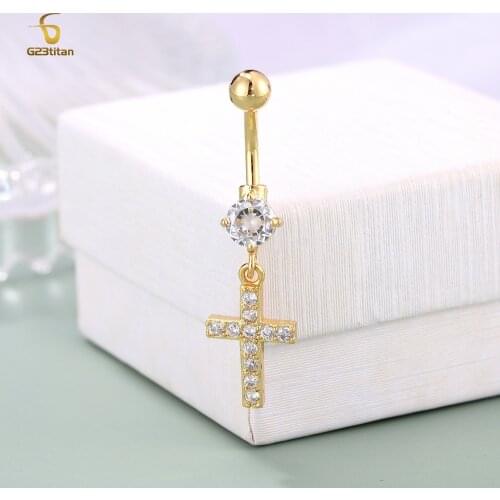 G23Titan Christian Cross Crystal Pendant Belly Button Ring Surgical Steel Belly Button Piercing Sexy Womens Beach Jewelry
