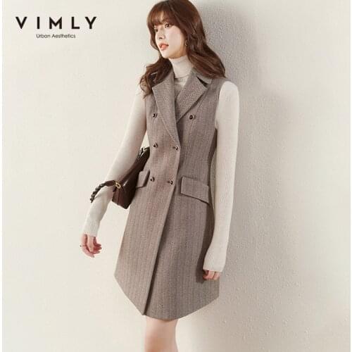 Vimly Womens Striped Vest Dress Elegant Notched Sleeveless Double Breasted Autumn Winter Clothes Ladies Work Wear Dresses F3025