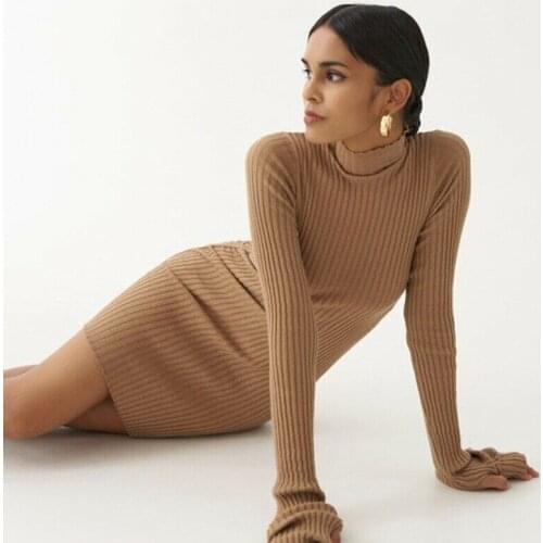 Womens Knitted Long Sleeve Bodycon Sweater Dress Ladies Ribbed High Neck Dresses