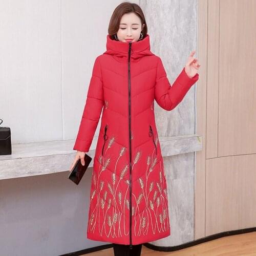 Beardon Winter Fashion Womens Long Coat Plus Size Thickened Chinese Style Retro Slim Embroidered Down Cotton Coat