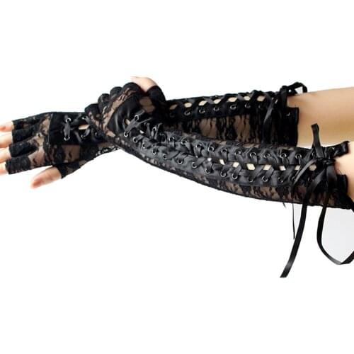 1pair Women Long Elbow Summer Adjustable Fingerless Gloves Anti UV Lace Up For Wedding High Elasticity Portable Costume Party