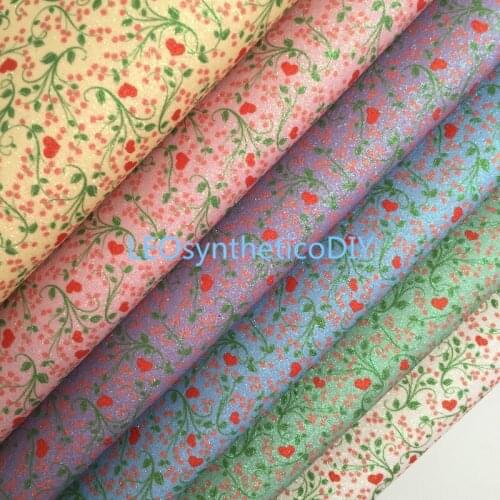 1PC 21X29CM Glitter Fabric, Hearts Flowers Printed On Glitter Fabric for Valentines Day For Making Bows LEOsyntheticoDIY 4S32A