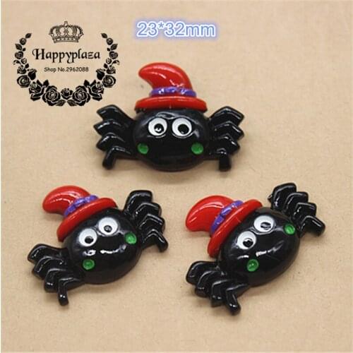 10pcs Resin Halloween Flatback Cabochon Spider with Red Hat Miniature Art Supply Decoration Charm Craft,23*32mm