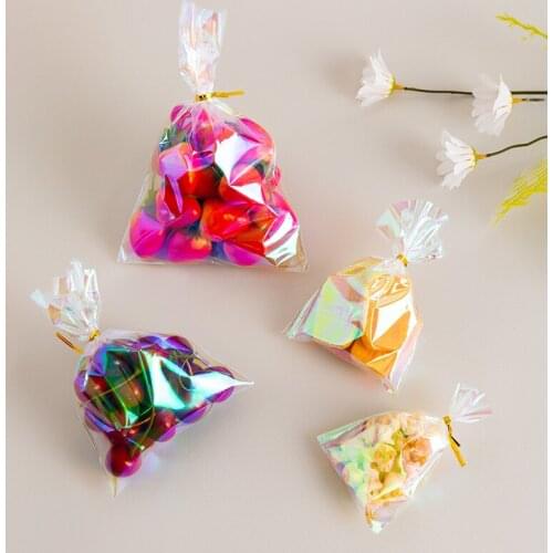 50PCS Candy Bags Wire Ties Flat Open Top Clear Plastic Bag Laser Transparent Packaging Candy Cookie Food Birthday Wedding Party