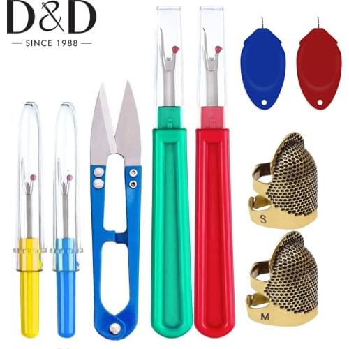 7pcs/Set Sewing Seam Rippers& Adjustable Metal Bronze Sewing Thimble Rings&Threader Hand Embroidery Craft Accessories
