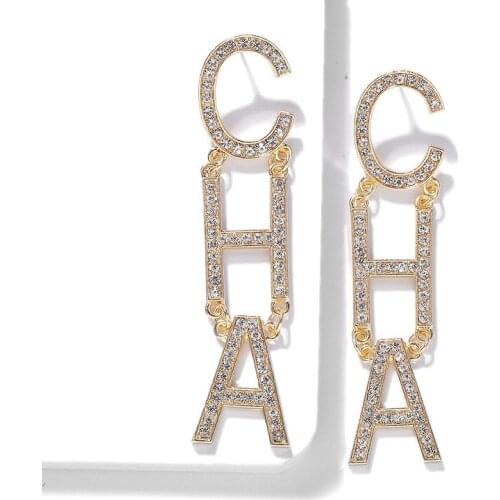 WANGLUFEI Large Gold CHA Letter Earrings For Women Handmade Vintage Long Drop Earring Dangle Crystal Luxury Jewelry Female Gifts
