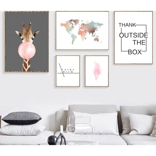 World Map Giraffe Feather Landscape Wall Art Canvas Painting Nordic Posters And Prints Wall Pictures For Living Room Home Decor