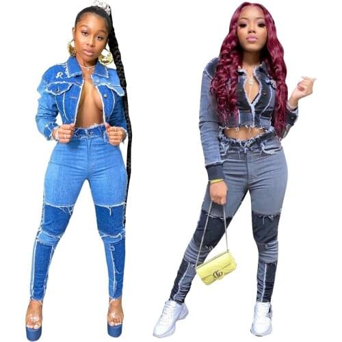 Denim Two Piece Set Women African KALENMOS Vintage Long Sleeve Denim Coat Jeans Stitching High Street Autumn Suits Ropa Mujer