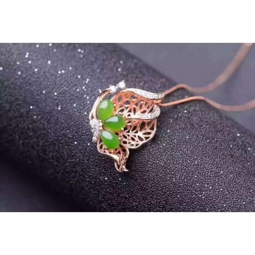 Natural green jasper pendant S925 Sterling silver Natural gemstone Pendant Necklace trendy Butterfly fly women girl jewelry