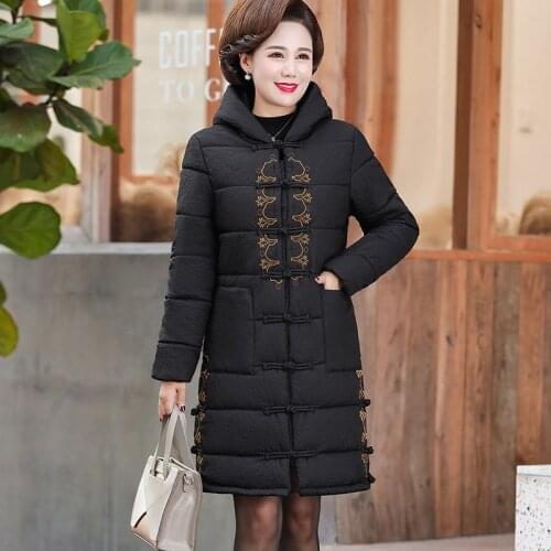 New Retro Winter Cotton Clothes Retro embroidery Cotton padded Thicken Jacket Long Parkas Women Large Size Moms clothes