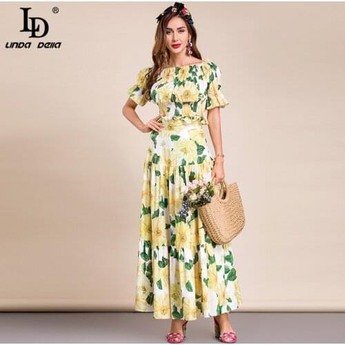LD LINDA DELLA Designer Summer Bohemian Vacation Long Skirts Set Womens Puff sleeve Short Top＋Flower print Skirt 2 Pieces Suit