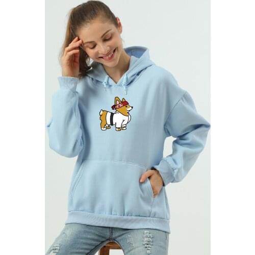 Cute Dog Corgi Print Women Hoodies Sweatshirts Cartoon Graphic Harajuku Kawaii Cotton Hoodie Leisure Hoody Female Pullovers