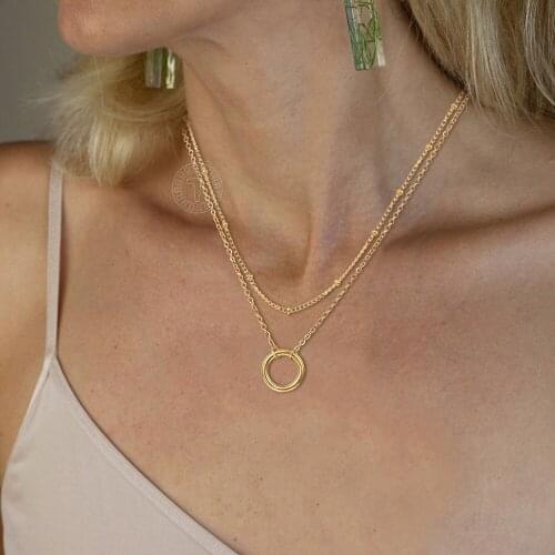 Layered Chain For Women Fashion Circle Ring Charm Pendant Choker Necklace Stainless Steel Satellite Rolo Link Jewelry LDN273