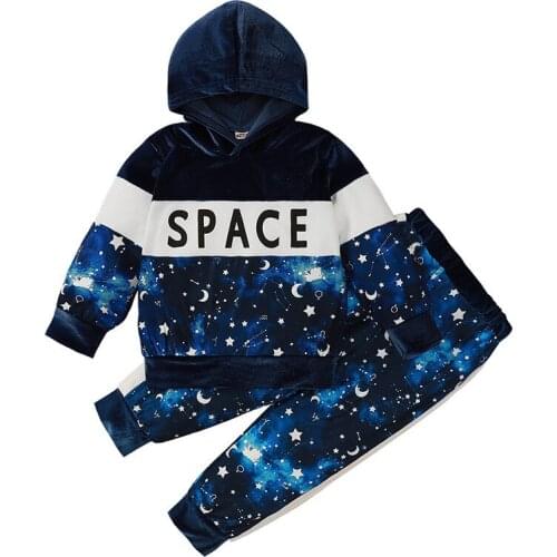 Fahion Girls Boy Clothing Sets 2021 Spring Kids Royal Blue Starry Sky Print Sweatshirts Tops+Pants Tracksuits Children Outfits
