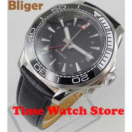 2019 New 41mm Bliger GMT 3804 Automatic watch men sapphire glass 3ATM waterproof Black dial leather strap luminous