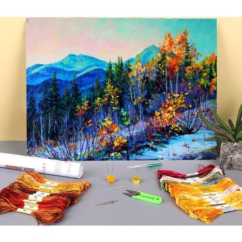 Landscape Autumn Morning Printed Fabric 11CT Cross Stitch Embroidery Kit DMC Threads Needlework Knitting Handicraft Needle