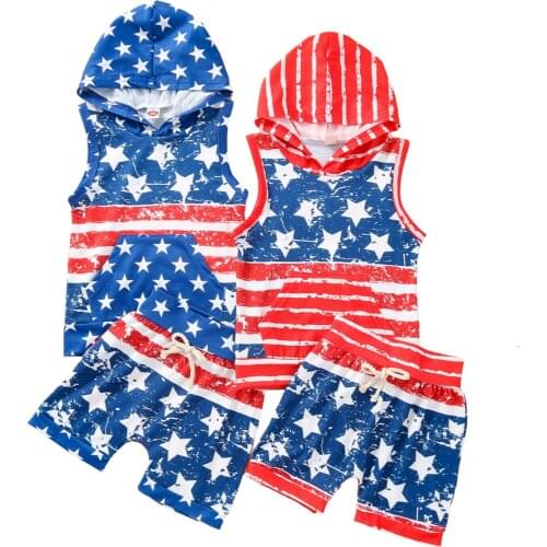 Toddler Boys 4th of July Outfits, Sleeveless American Flag Hoodie Tops + Short Pants Set 1-4T