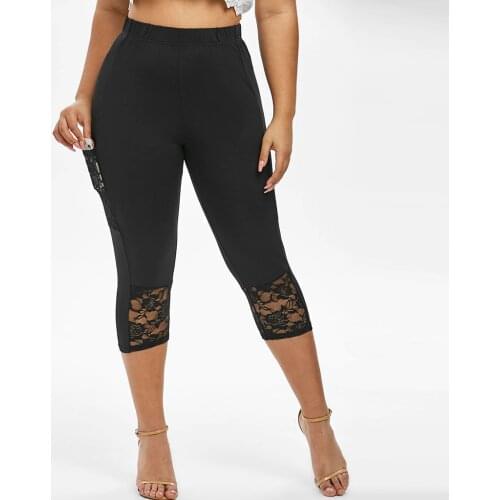 New Solid Lace Fitness Cropped Pants Women Pockets Elasticity Tight Yoga Soft Plus Size Leggings Sports Running Gym Sportswear