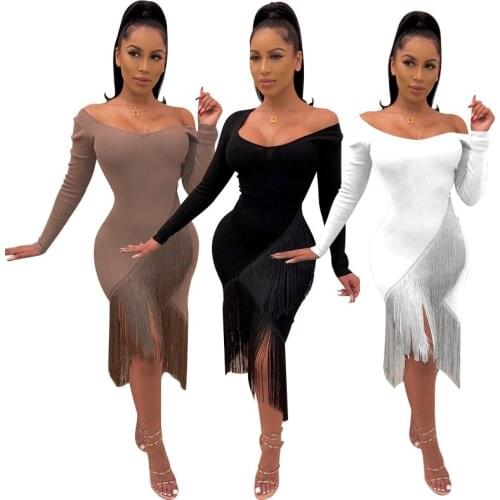 OMSJ 2019 Sexy Tassel Irregular Dress Women Autumn Long Sleeve Dress Winter Ladies Elegant Bodycon Party Dresses Vestido Outfits