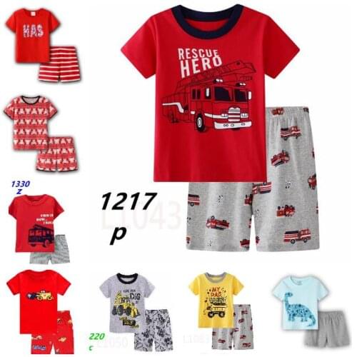 Baby 100% Cotton Pajama Sets Cute Car Animal Sleepwear Kids Pajamas Red Blue Short Sleeve Tshirt Shorts Suits Boy Girl Clothes