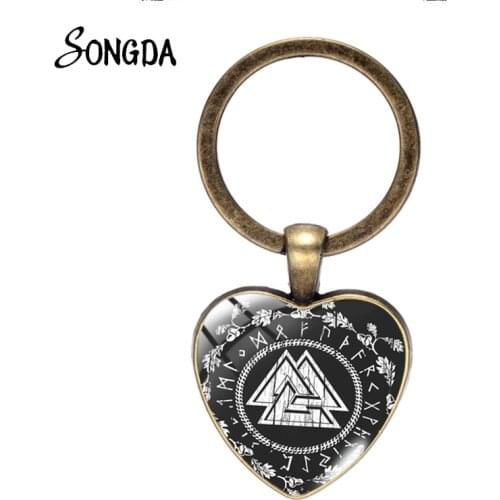 Retro Viking Valknut Prayer Keychain Raven Banner Viking Flag Odin Fish Fashion Heart Shape Art Picture Glass Dome Keychain
