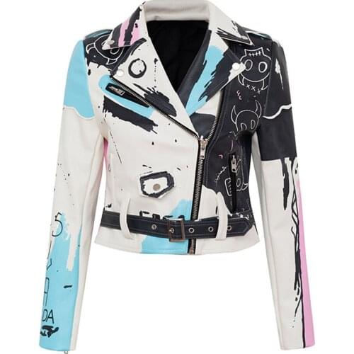 Spring Autumn Women Punk Rock PU Graffiti Jacket Print Color Contrast Devil Pattern Rivet Tops Slim Fit Motorcycle Leather Coat