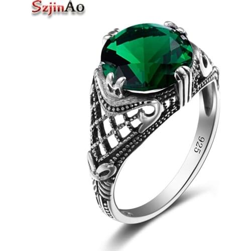 Szjinao Round Rings For Women Vintage Emerald Green Stone Rings 925 Sterling Silver Jewelry Wholesale Certificate gift
