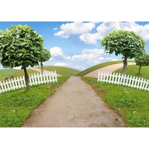 Grass Tree Road Fence Photography Backdrop for Photo Shoot Props Children Kids Cloth Photographic Background Photo Studio