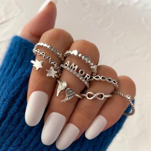 Vintage Ancient Silver Color Wing Star Heart Ring Set Gothic Retro Rings For Women Girls Crystal Finger Ring Fashion Jewelry