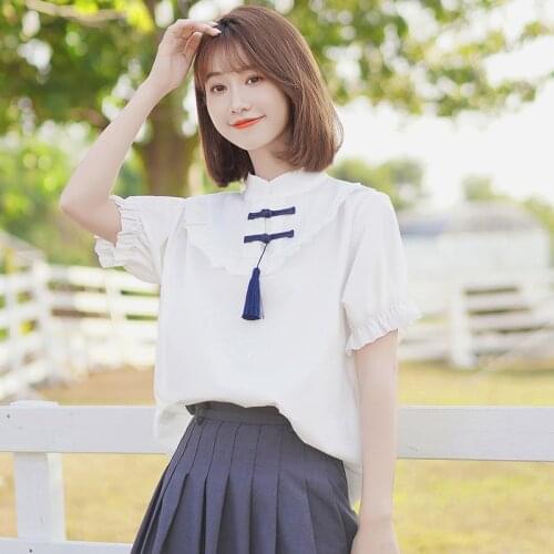 Summer Shirt For Women Cotton Turtleneck Short Sleeve White Vintage Puff Sleeve Blouse Kawaii Sweet Girl Student Tang Tops Party