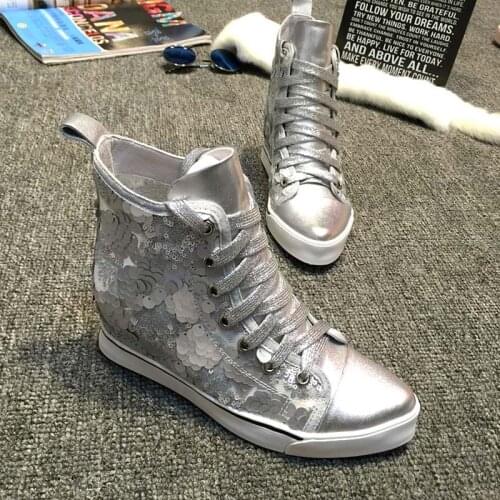 Womens Pointy Toe Genuine Leather Sequins Sneakers Wedge Hidden High Heel Shoes Lace Up Sport 5Colors New 2022